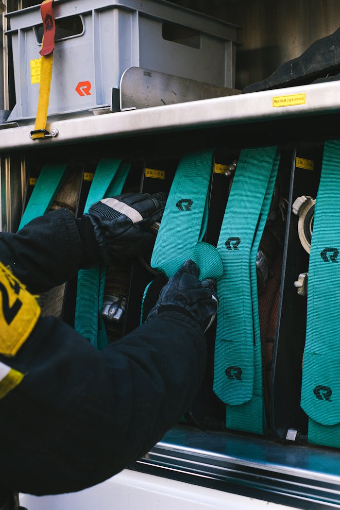 Firefighter arranging straps in a fire truck